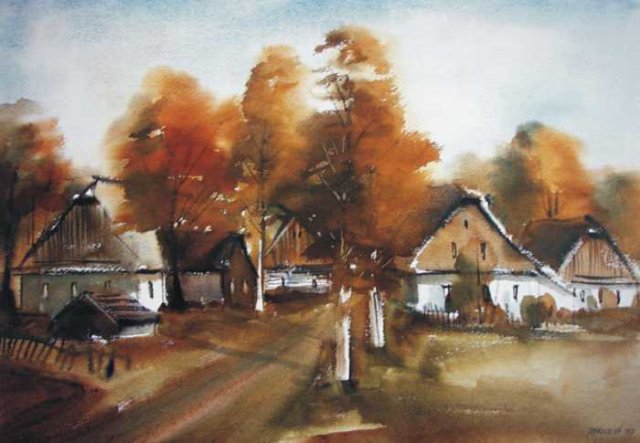 Kinky, Podzim v Budn, akvarel, Josef Dobrovoln