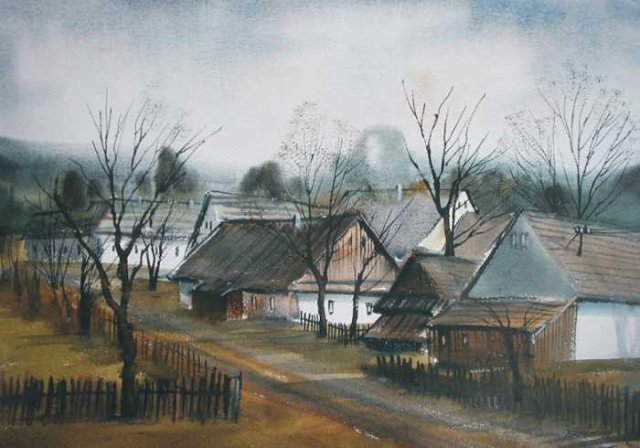 Javorek, Chalupy, akvarel, Josef Dobrovoln