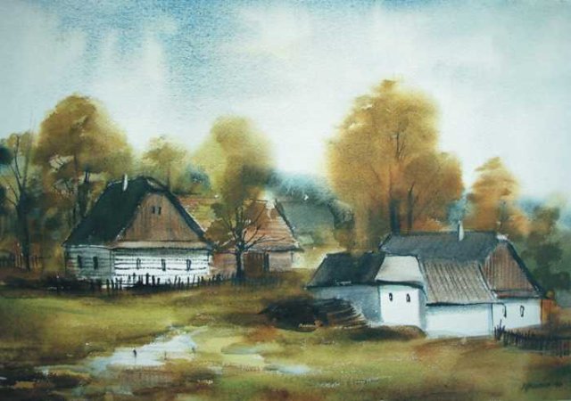 Chalupy v Bezinch, akvarel